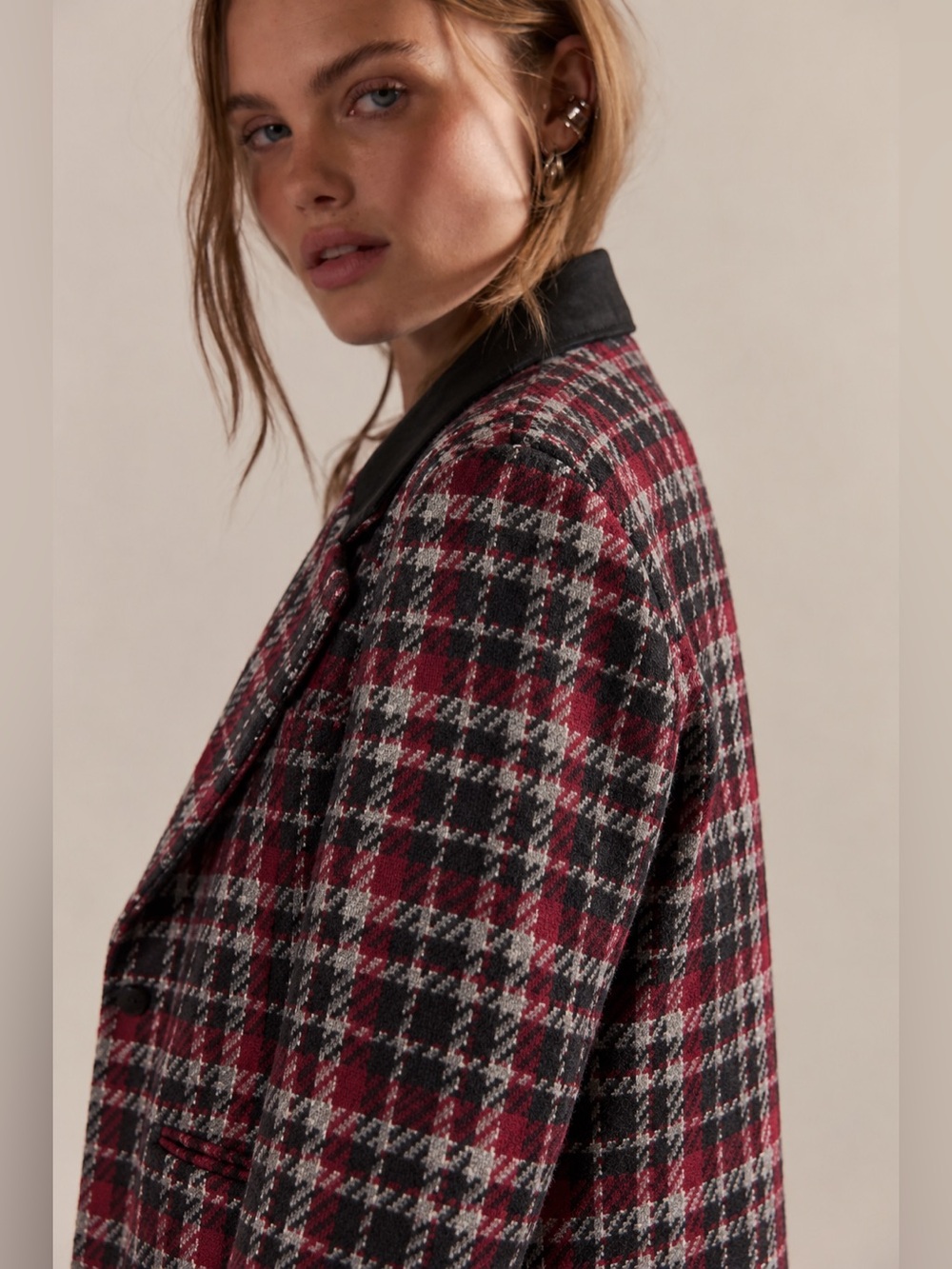 Vintage Made in USA Wool Plaid Leather Trim Tweed Blazer Jacket Academia 20W XL